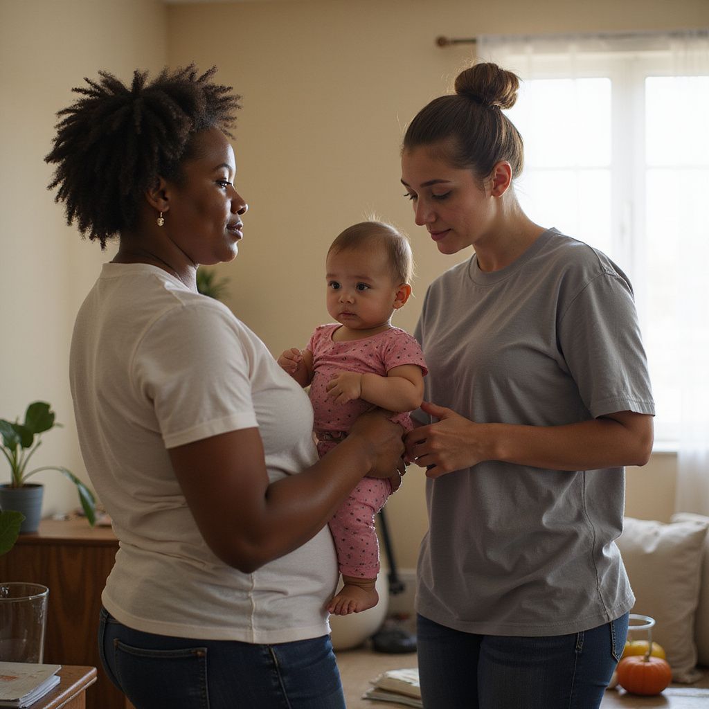 Two women and baby in a home. Woman holds baby. Woman next to her looks on. Bright interior.