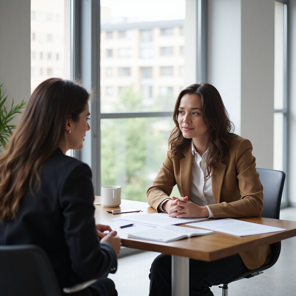 Two women at a table in an office setting, discussing documents. One wears a blazer, the other a suit.