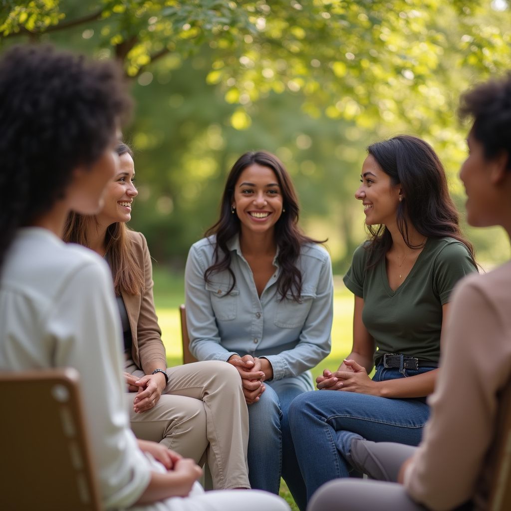 Group of people in a circle, smiling and talking outdoors. Sunlight and trees in the background.