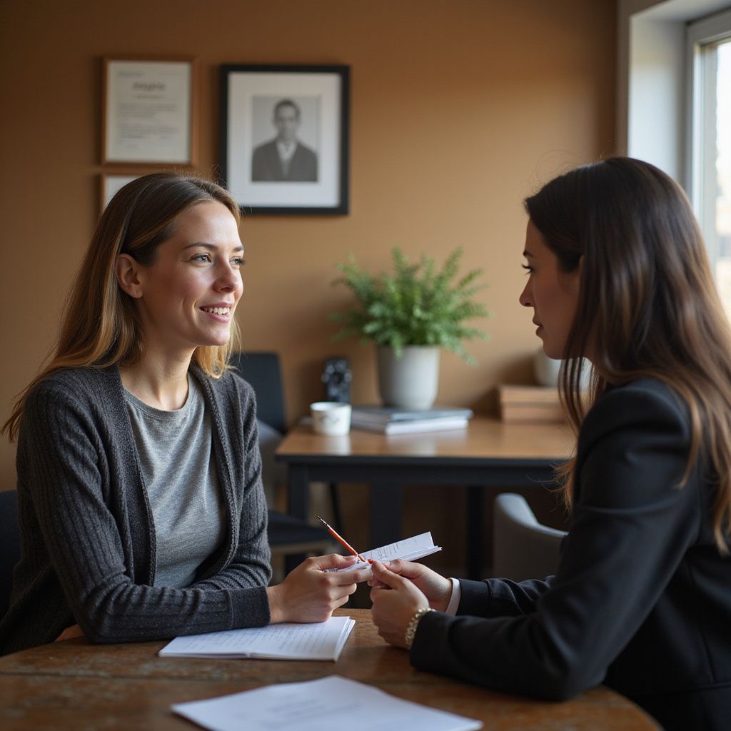 Two women in an office. One smiles, holding a paper with a pen. The other looks at the paper, seated at a wooden table.