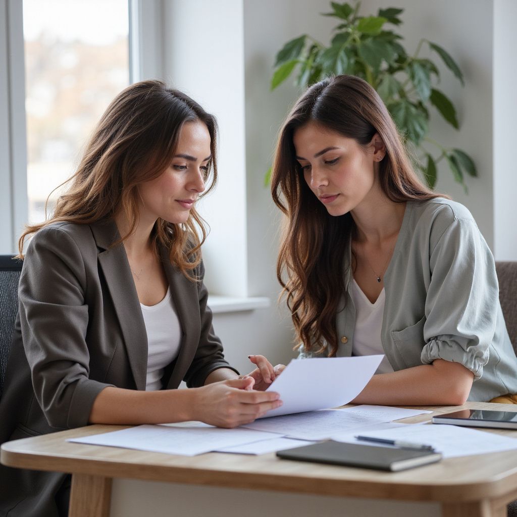 Two women reviewing documents at a desk in an office setting.