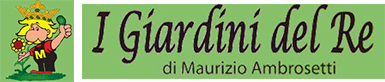 Logo con testo “I Giardini del Re” su sfondo verde, con personaggio disegnato a sinistra.