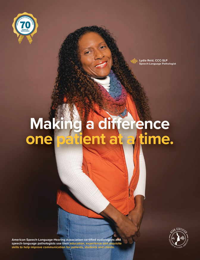 Woman in orange vest, white shirt smiles against brown background; text reads