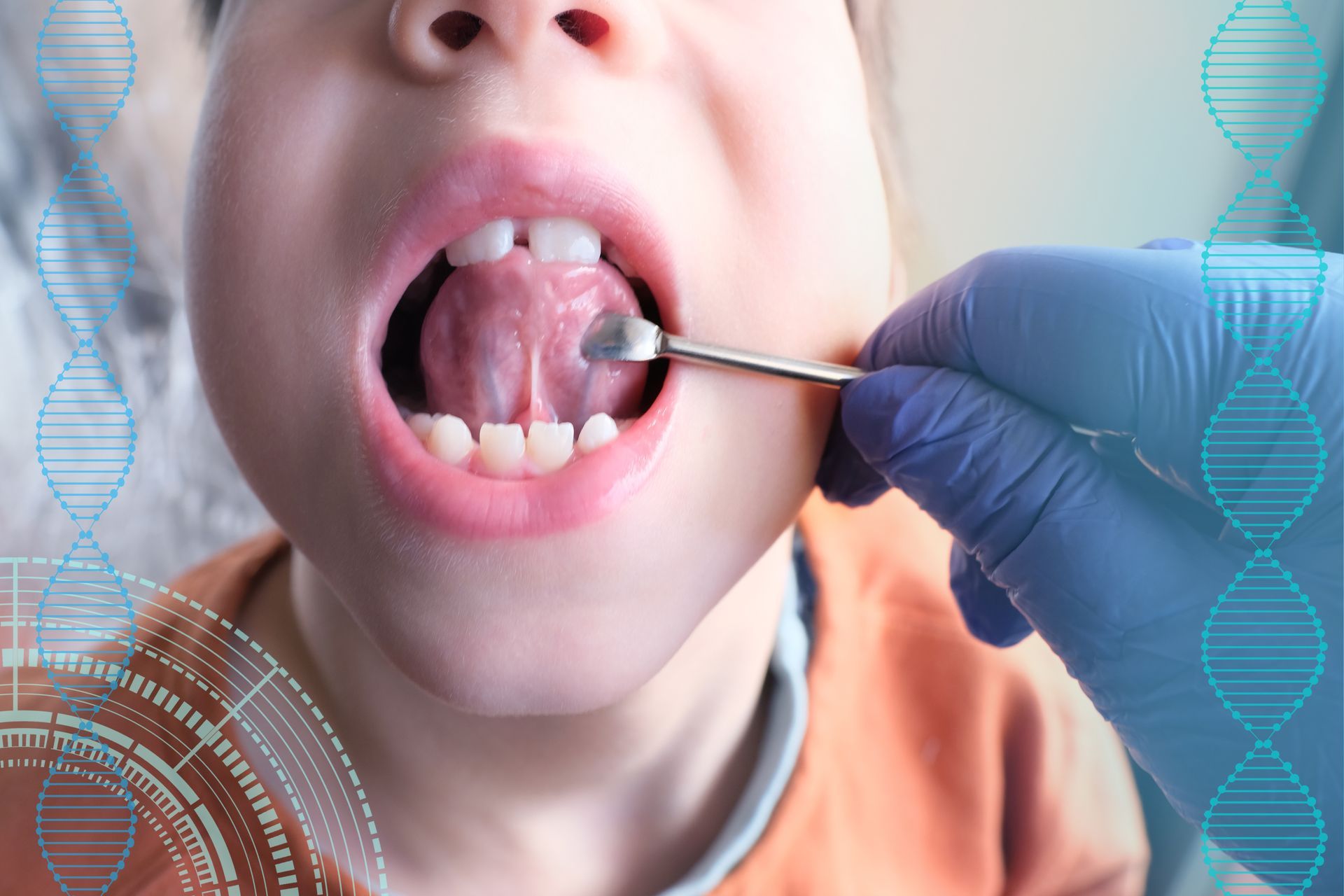 Mouth swab test on child's tongue; gloved hand holding swab.