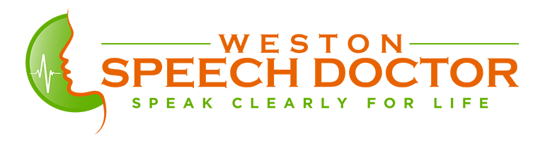 Logo: Green and orange, face profile with sound wave, "Weston Speech Doctor" and "Speak Clearly For Life".