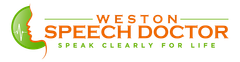 Logo: Green and orange, face profile with sound wave, "Weston Speech Doctor" and "Speak Clearly For Life".