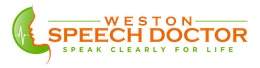 Logo: Green and orange, face profile with sound wave, "Weston Speech Doctor" and "Speak Clearly For Life".