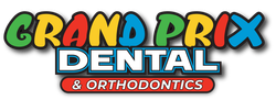 Grand Prix Dental & Orthodontics logo in colorful red, blue, green, and black text