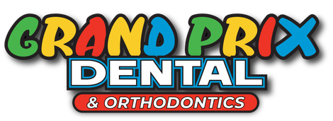 Grand Prix Dental & Orthodontics logo in colorful red, blue, green, and black text