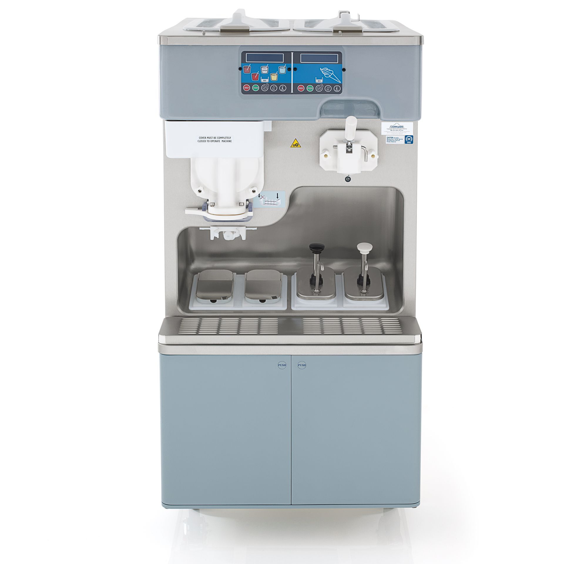 Machine à glace molle commerciale grise avec deux poignées de distribution et un panneau de commande numérique.
