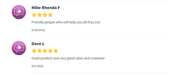 Two positive customer reviews with star ratings for a product, shown in a simple list.