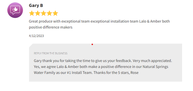5-star customer review with a reply from Koo Yoga Glow, showing text on a light gray card