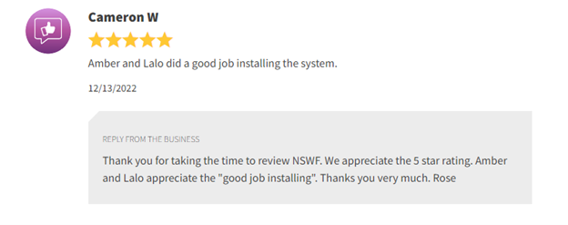 Google review screenshot praising Amber and Luke for good job installing a system.