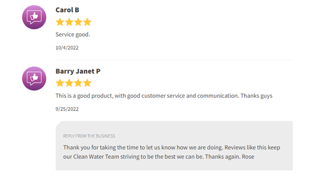 Screenshot of two 5-star customer reviews and a seller reply in a review thread.