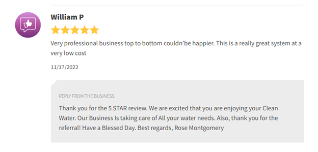 Customer review screenshot praising excellent service and a clean water-softener system, with a company reply.