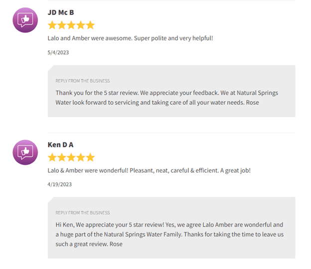 Two positive customer reviews with star ratings and business replies in a review feed.