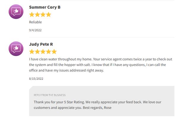 Customer review page showing two 5-star reviews and a reply from Rose.