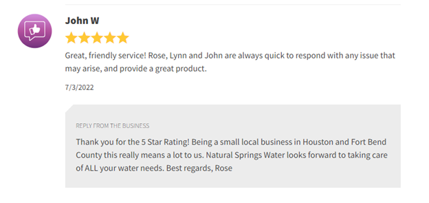 Customer review screenshot praising a friendly, responsive service with 5-star rating and thank-you note