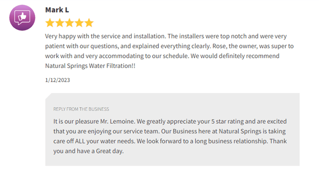 Google review screenshot praising service and installation, with five-star rating and a reply from the business