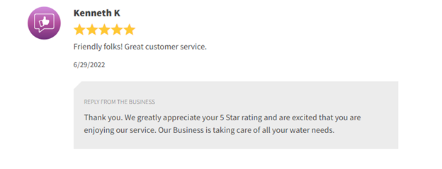 Customer review screenshot with 5-star rating and a thank-you reply from a business.