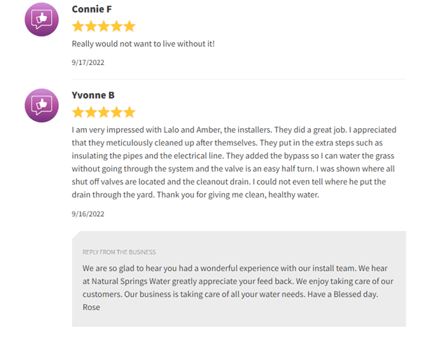 Customer review screenshot with star ratings and a reply from Connie K. to a review by Yvonne B.