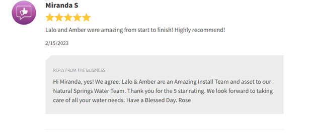 Screenshot of a 5-star review praising a hotel stay and friendly staff, with a host reply from Mirranda S.