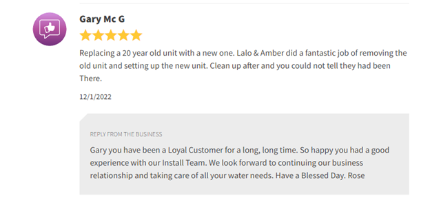 Google review screenshot with 5-star rating and a thank-you response from the business.