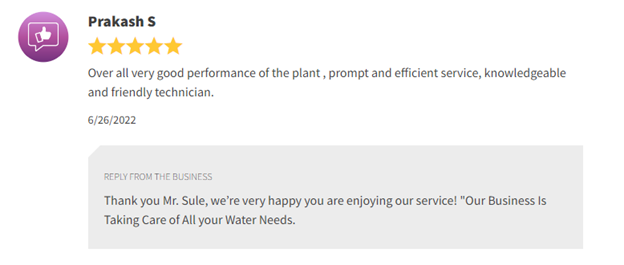 Customer review card with 5-star rating praising helpful service and a reply thanking the reviewer.
