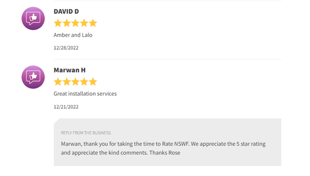 Two 5-star restaurant reviews with profile icons and a reply thanking the reviewer.