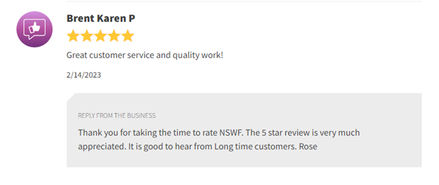 5-star online review praising great customer service and quality work