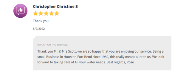 Customer review card with 5-star rating and thank-you message on a white background