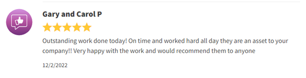 5-star customer review praising work done quickly and well, with a purple profile icon and star rating.