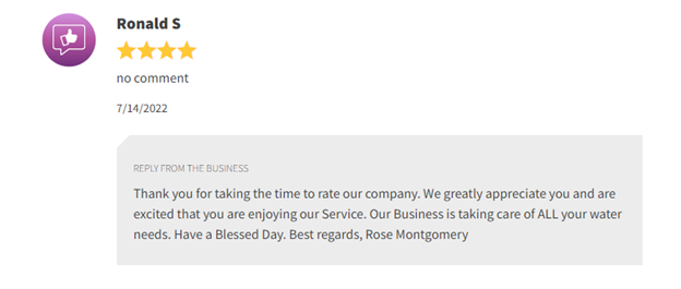 Google review card with five-star rating and a thank-you message for service.