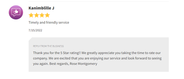 Google review card with 5 stars and a thank-you reply from the business.