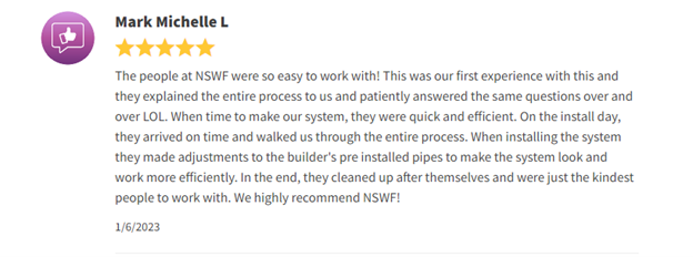 Five-star customer review with gold rating, praising a quick, efficient, friendly, skilled service team