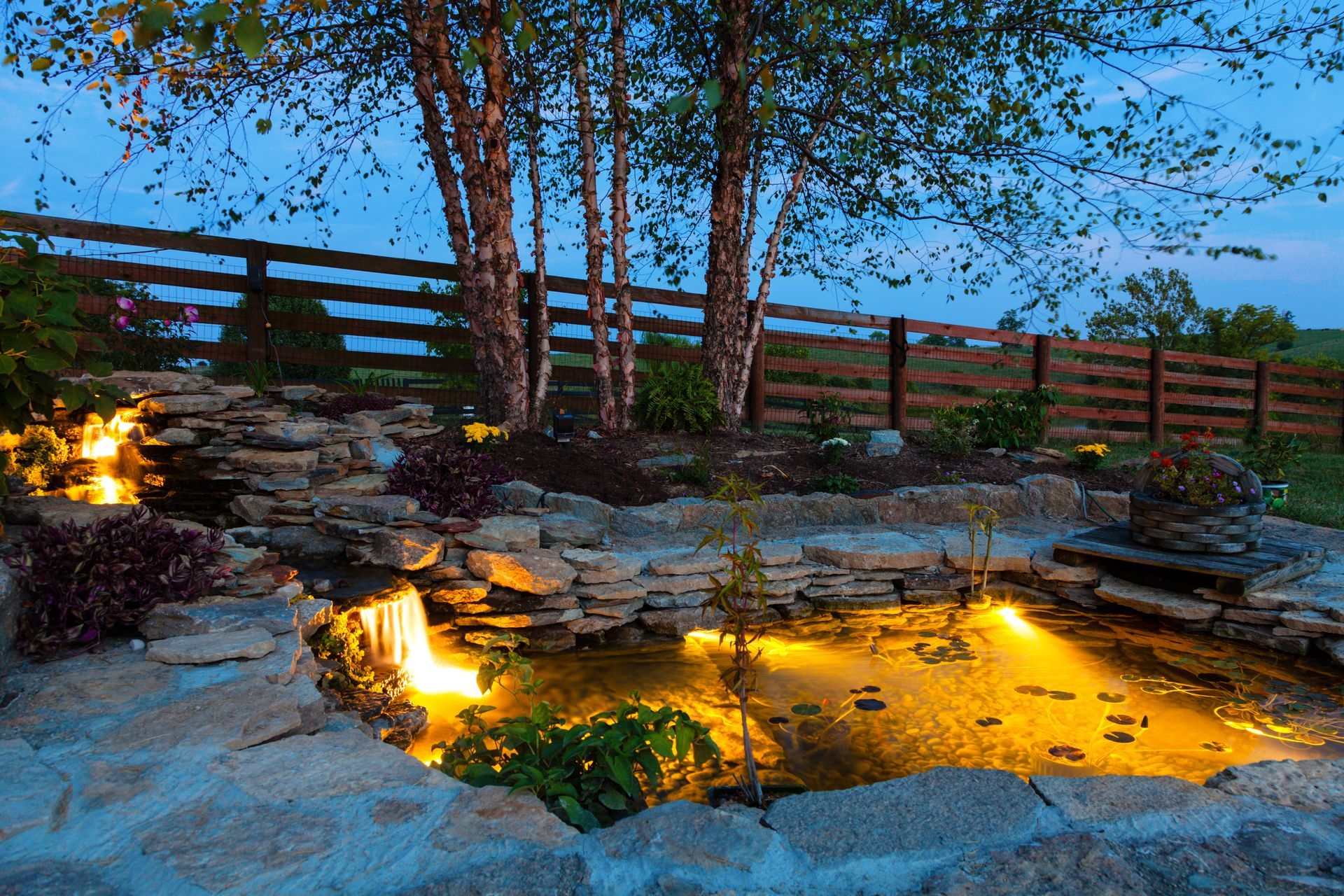 A pond is lit up at night with a wooden fence in the background