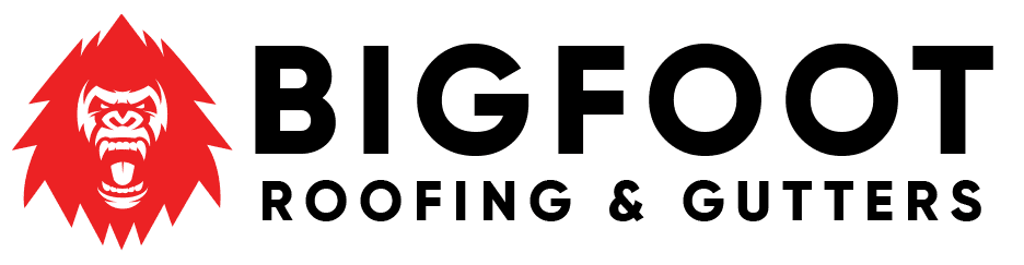 Bigfoot Roofing & Gutters logo with red Bigfoot face icon and black text on white background