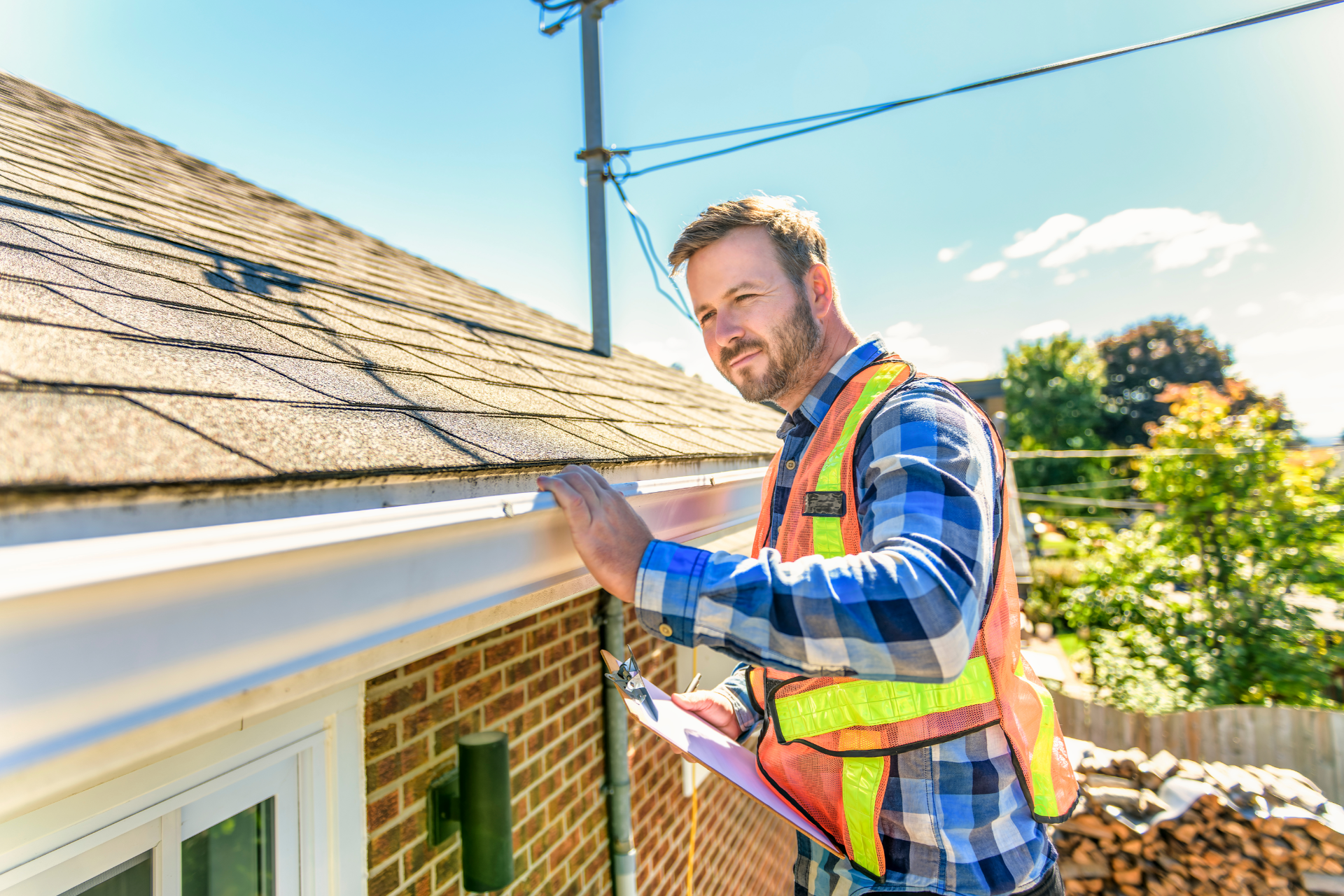 Contractor in a safety vest inspecting a roof edge on a sunny day
