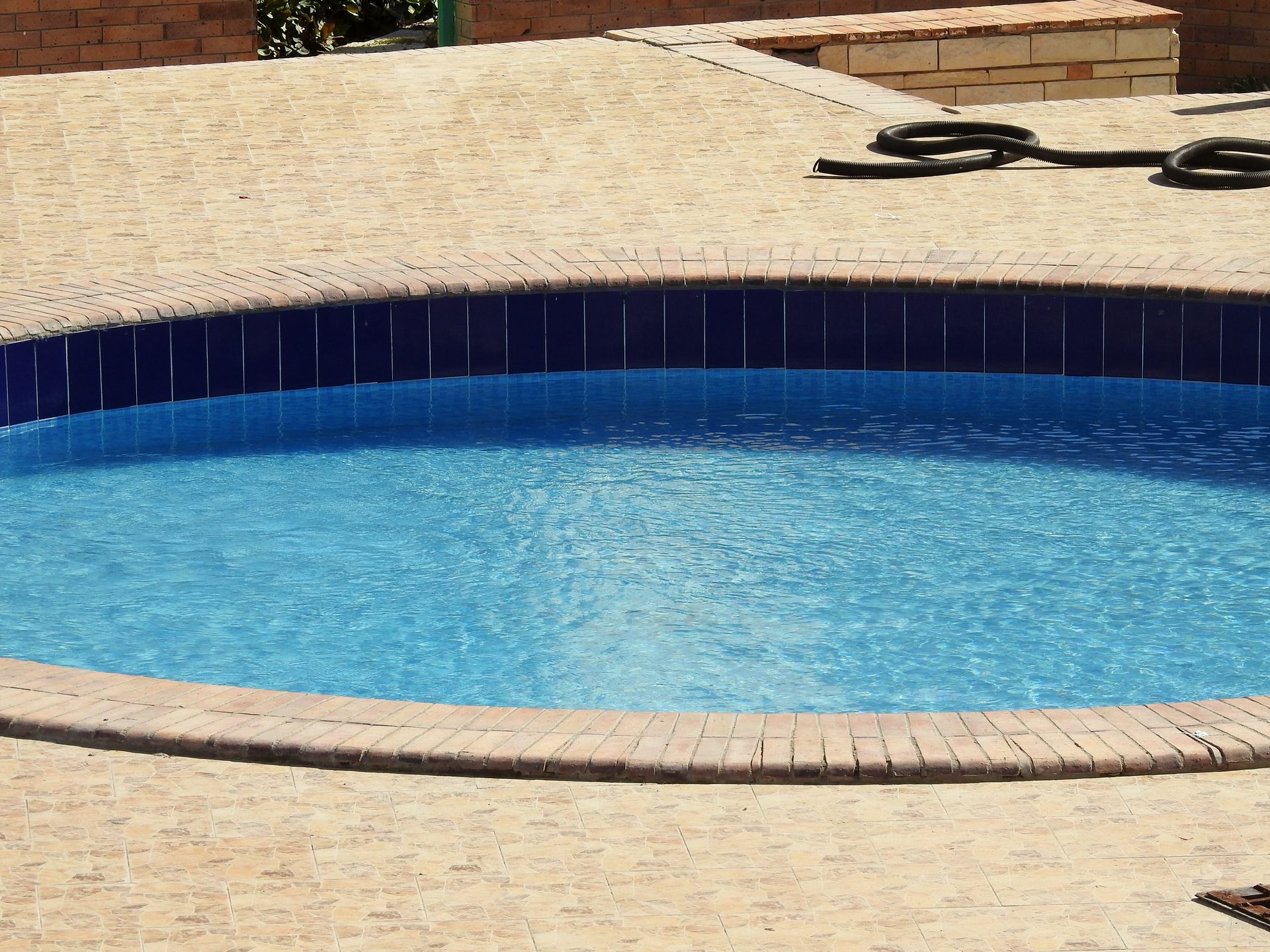 Rectangular above-ground pool in a grassy backyard. The pool has a ladder and filtration system.