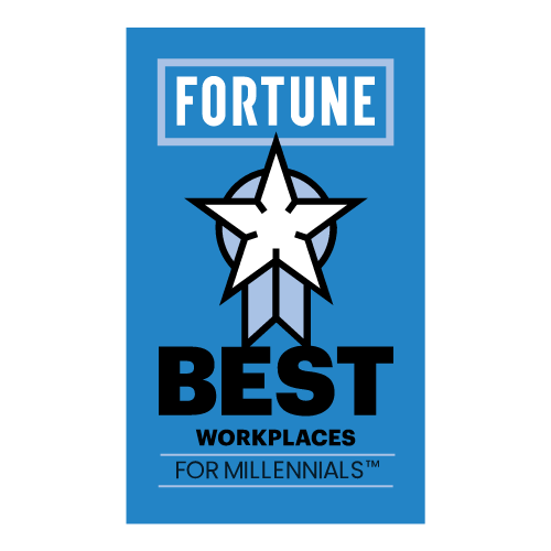 Fortune Best Workplaces for Millennials logo on a blue background. Features a star, ribbons, and text.