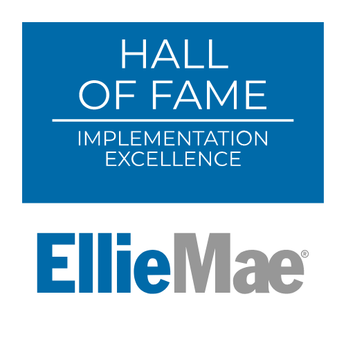 Ellie Mae Hall of Fame award for Implementation Excellence, blue and white logo.