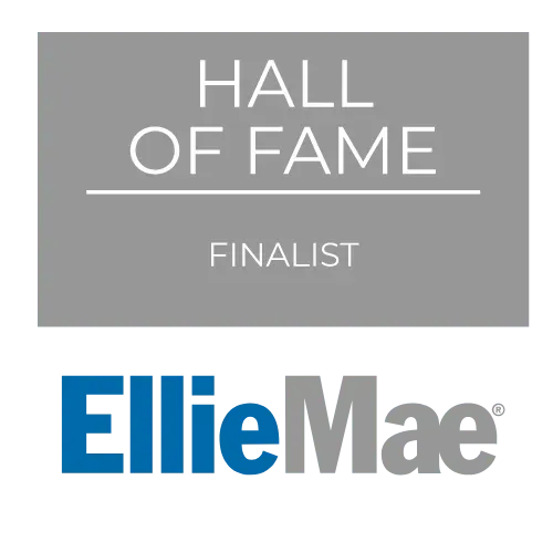 Hall of Fame Finalist logo above the Ellie Mae logo; gray and white with blue and gray text.