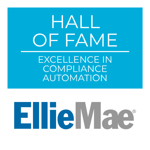 Ellie Mae Hall of Fame award badge. Blue and white with company logo.