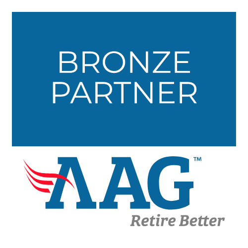 Bronze Partner badge with AAG logo: blue rectangle with white text above logo of company 