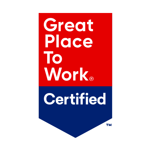 Great Place To Work Certified logo: red and blue rectangle with white text.