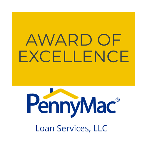 PennyMac Loan Services Award of Excellence logo. Yellow rectangle with text, logo below.