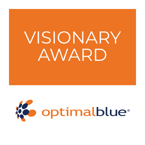 Visionary Award logo above the Optimal Blue logo. Orange square with white text.