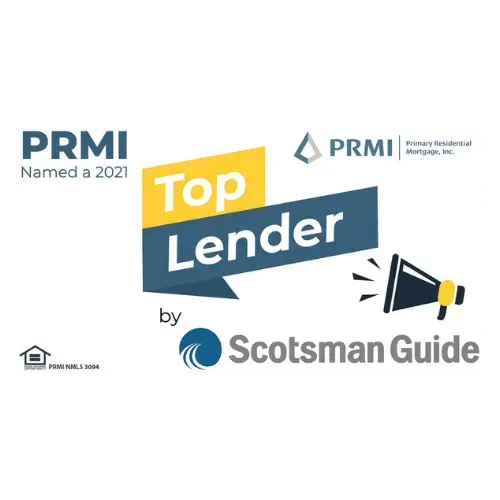 PRMI named a 2021 Top Lender by Scotsman Guide; logo with blue, yellow, and black text and megaphone illustration.
