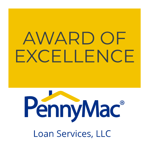 Award of Excellence logo for PennyMac Loan Services; yellow background with text, company logo below.