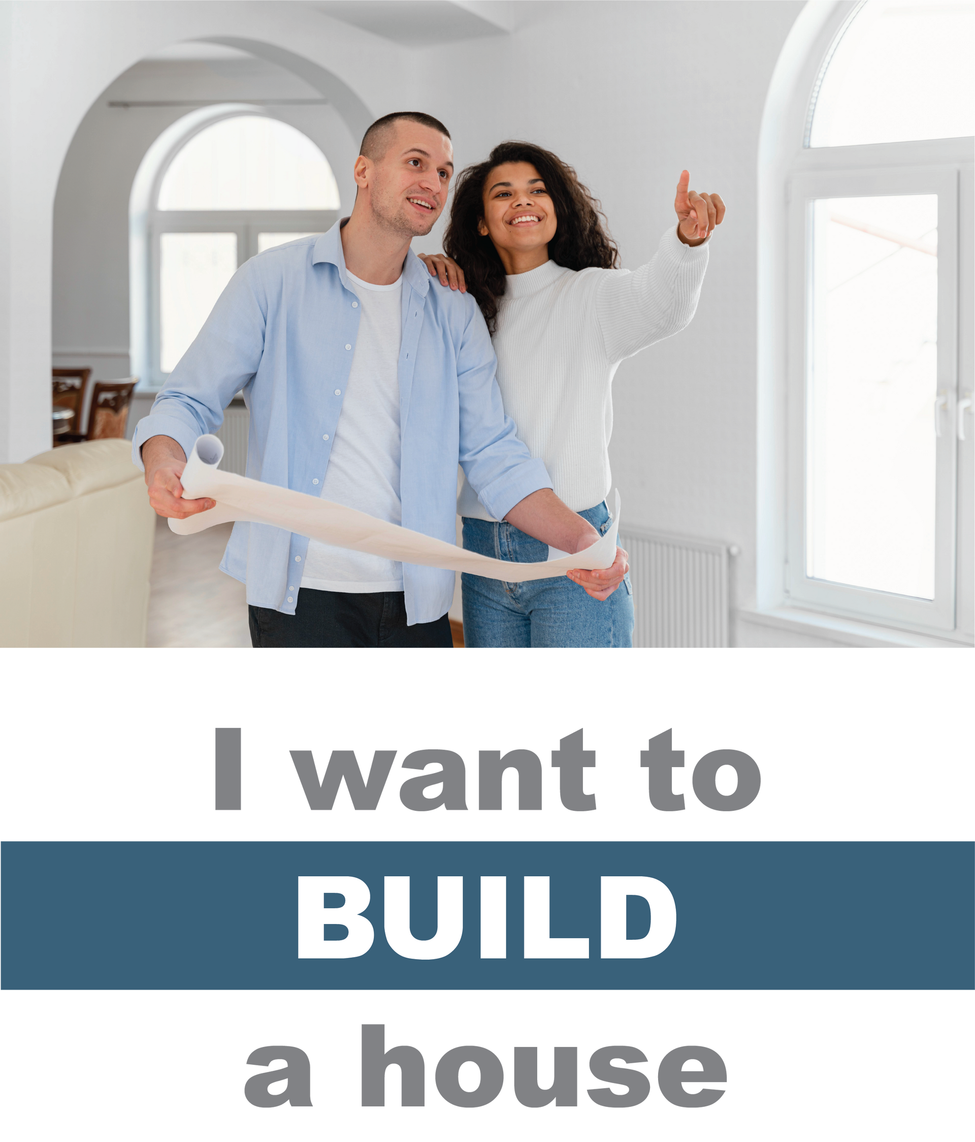 Couple in new home pointing, holding blueprints. 